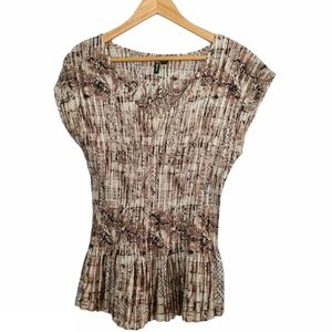 BROWN ABSTRACT SATIN STRETCH TOP - X-LARGE
